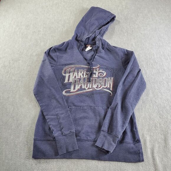 Harley-Davidson Hoodie Women Small Blue Fleece Lined V Neck Drawstring Pullover - Picture 1 of 10